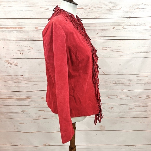 Vintage 90’s Boho Red Leather Suede Frontier Western Fringe Jacket - Picture 6 of 9